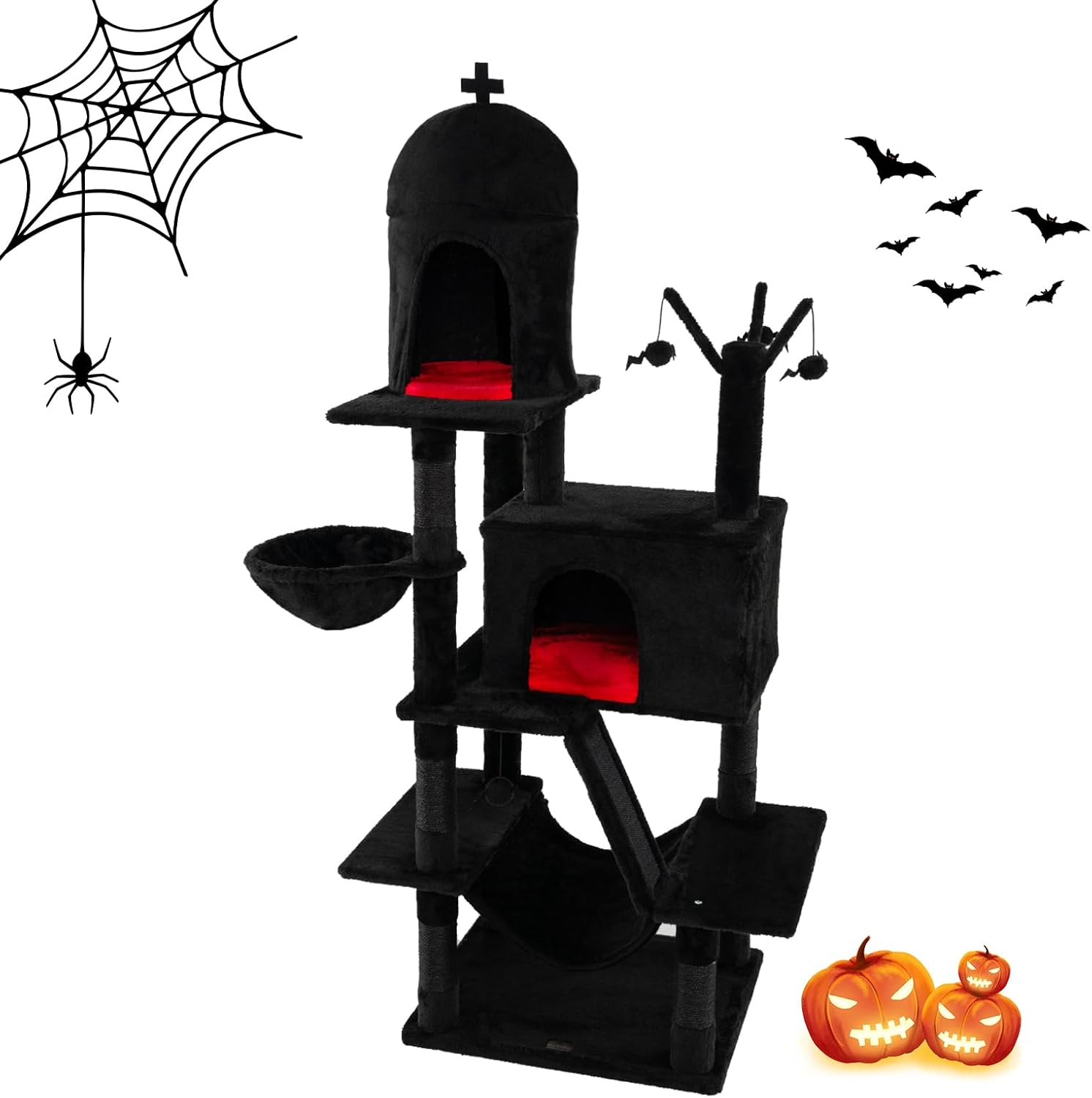 Tangkula Gothic Cat Tree, 67 Inch Tall Cat Tower with Sisal Scratching Posts and Ladder, 2 Cat Condos, Hammock, Basket Bed, Spooky Dangling Balls, Halloween Black Goth Cat Tree for Indoor Cats