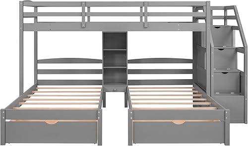 Miniatura 6 de Winwee Twin Over TwinTwin Bunk Bed with Drawers Staircase with Storage Built-in Shelves Triple Bunk Bed for Kids Teens No Box Spring Needed for