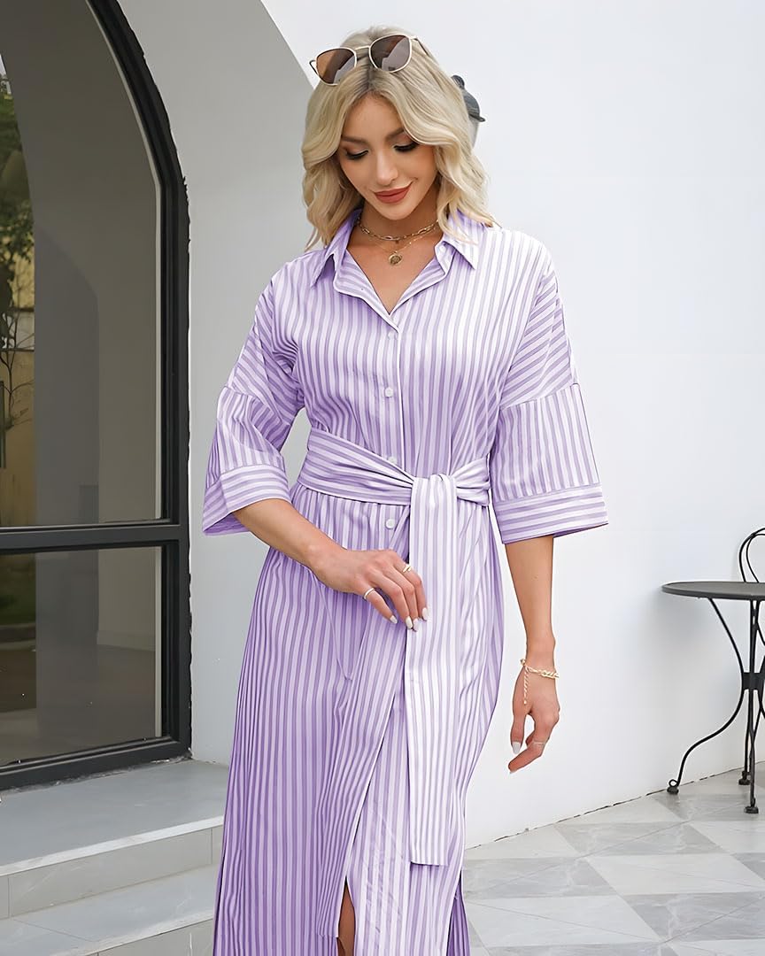 Womens Shirt Dresses Striped Lapel 3/4 Sleeve Maxi Dress Button Down Split Belted - Image 3
