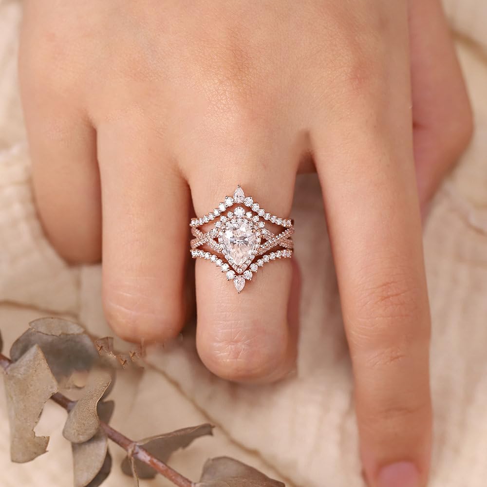 1.0 ct Moissanite Pear Shaped Halo Engagement Rings For Women Vintage 3 pcs Wedding Rings Set Unique Teardrop Twisted Bridal Set 925 Sterling Silver 10K 14K 18K Gold Promise Wedding Ring