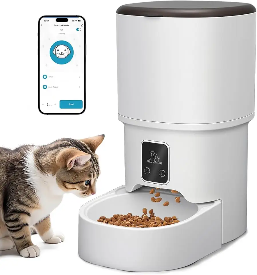 4L Comedouro Automático para Gatos e Cães, Controlador Remoto para Telemóvel, Alimentador Automático Pet, Distribuidor de Ração Seca com Alimentação Programada