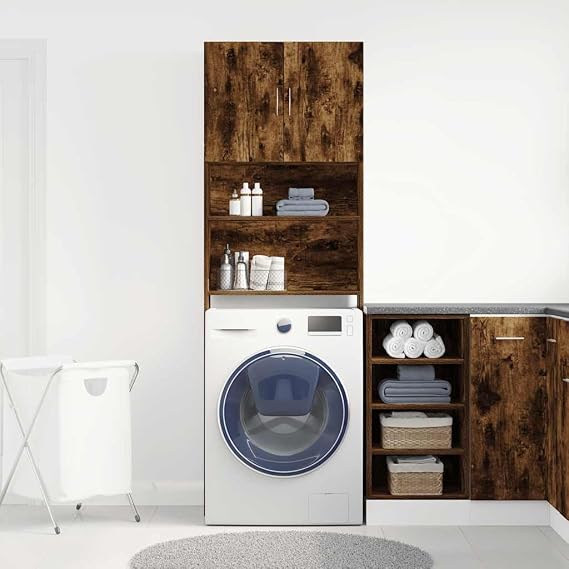 Washing Machine Cabinet Smoked Oak Engineered Wood Washing Machine Cabinet Washing Machine Cabinet for Washing Machine and Tumble Dryer, Storage Unit Above Toilet Shelf for Bathroom