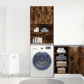 Washing Machine Cabinet Smoked Oak Engineered Wood Washing Machine Cabinet Washing Machine Cabinet for Washing Machine and Tumble Dryer, Storage Unit Above Toilet Shelf for Bathroom