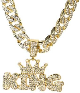 Crown necklace with letters KING chain full pendant, thickened Cuban chain, hip-hop necklace for men, chain length 23.62in