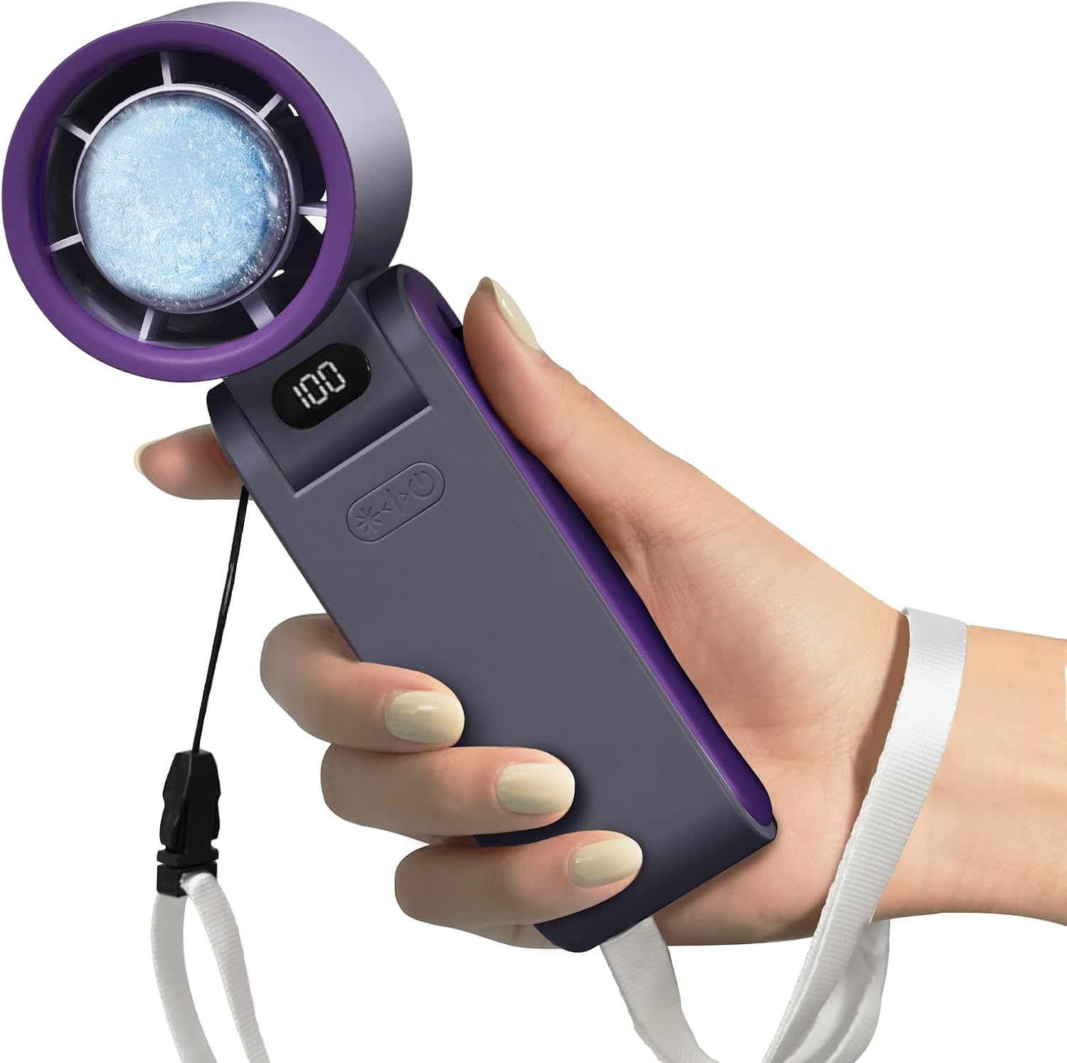 Portable Handheld Fan with Intelligent Refrigeration Piece, Led Display, 100-Speed Stepless Adjustment, Foldable Rechargeable Personal Fan for Outdoor Travel Beach, Gray Purple