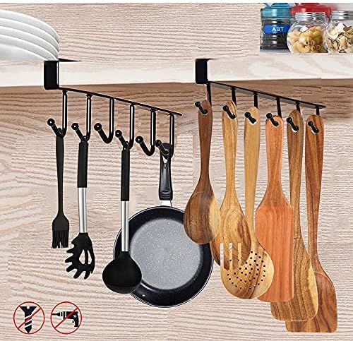 SHBaizoy 2pcs Utensil Racks Under Cabinet,Nail Free Adhesive Kitchen Utensils Hanging Hooks for Kitchen Utensils/Tools/Pot/Towel/Knife/Ties Belts/Scarf/Keys Storage/Cups(Black)