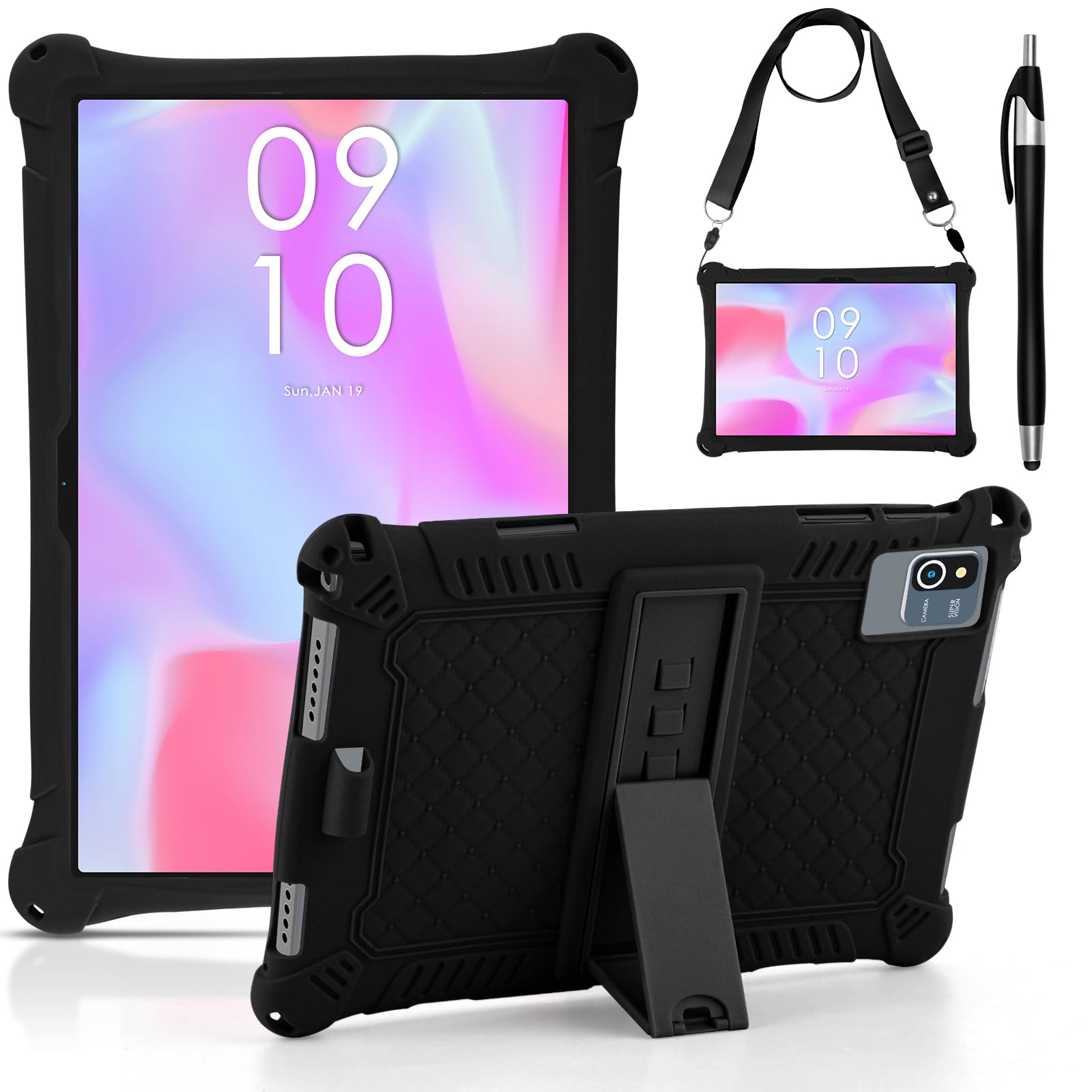 DETUOSI Okaysea 10.1 inch Silicone Tablet Case with Stylus Pen & Shoulder Strap, Moderness 10.1" Case, Soft Portable Protective Cover for QunyiCO 10.1, Azeyou Tab 6 10 inch, Black