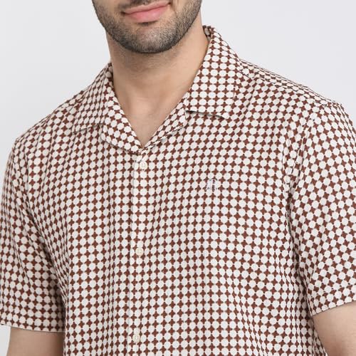 Image of Raymond Men Regular Fit Print Pattern Pure Cotton Hidden Button Down Half Sleeve Casual Shirt