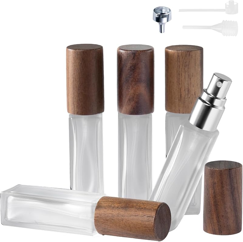 Frascos atomizadores de perfume recarregáveis Cryslora com tampa de madeira, 10 mL, Pacote com 5