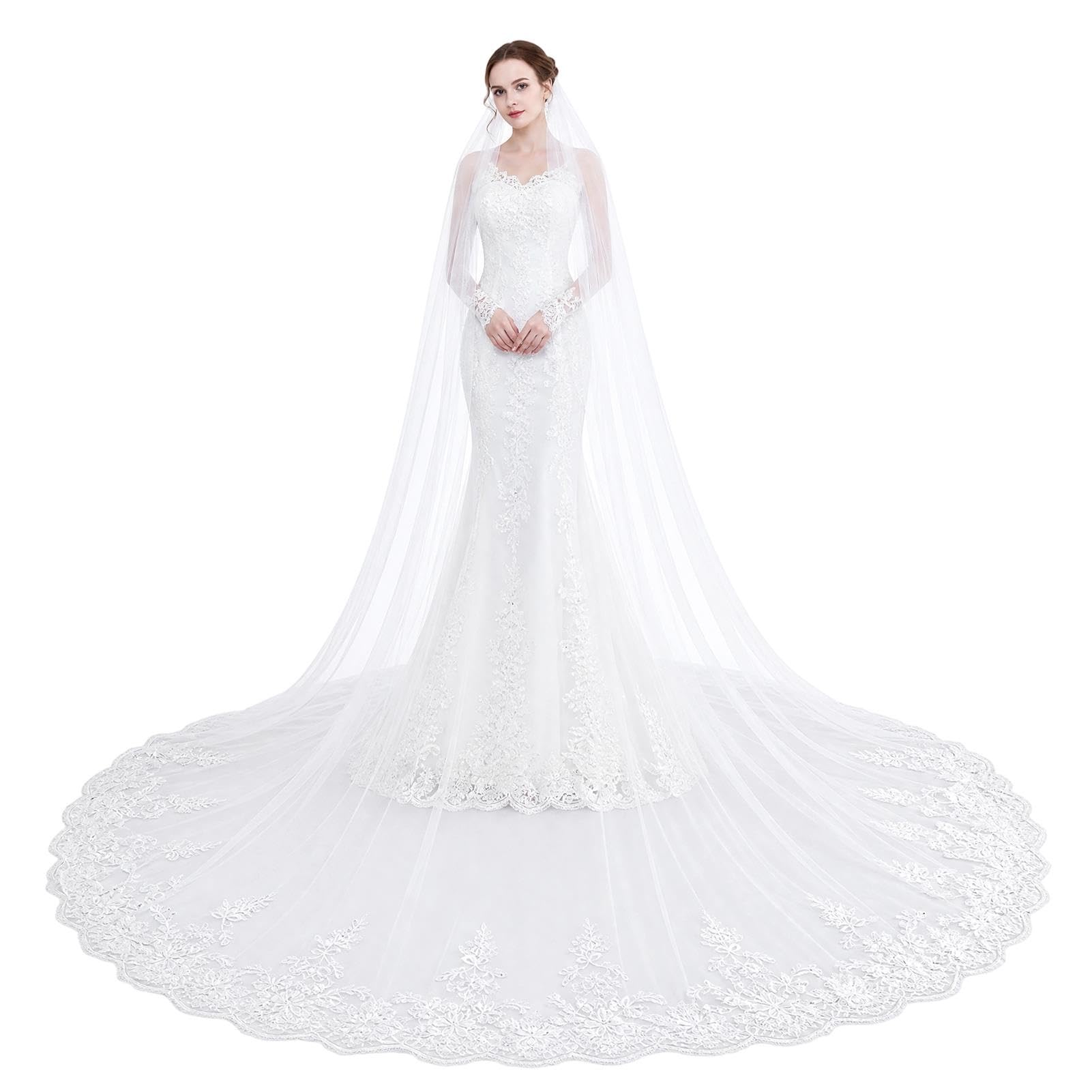 Velo da Sposa in Stile Chiesa con Bordo in Pizzo, Accessorio per Matrimonio, Lungo 300 Cm, con Pettine per Capelli, Adatto A Spose E Ragazze(White)
