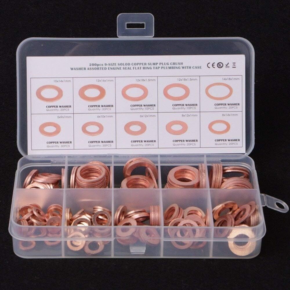 BKEKM Rondelle Piatte da 200 Pezzi con Scatola di plastica Set di guarnizioni per rondelle in Rame 9 Misure Guarnizione Piatta Kit guarnizioni ad Anello Piatto Viti Rondella Piana