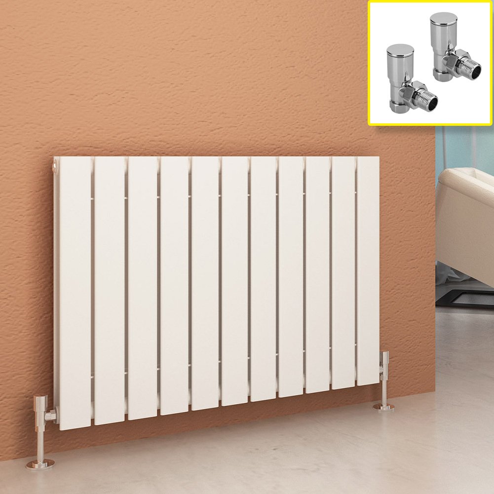 600 x 836 mm White Column Radiator Horizontal Double Flat Panel Designer Radiator with Angled Radiator Valves