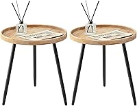 Vista 12 de LITA Mesa auxiliar redonda de escritorio de troncos, bandeja de madera para interiores y exteriores, mesa de noche con soporte de metal para sala