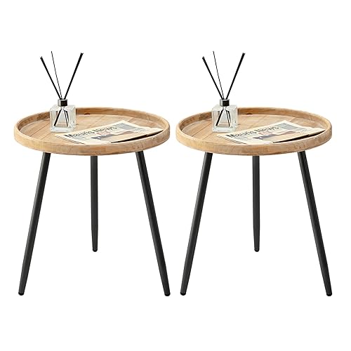 LITA 2 Pcs Round Side End Table, Nightstand Tables, Log