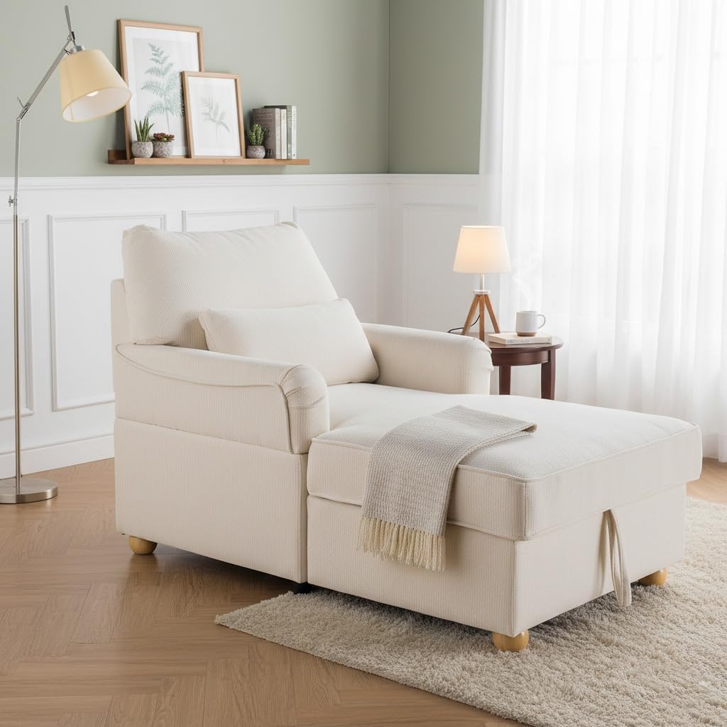 Chaise Lounge Chair Indoor with Adjustable Backrest, Oversized Deep Seat Reading Arm Chair with Storage, Comfy Chenille Chaise Lounge Recliner for Living Room, Home Theater, Bedroom, Beige