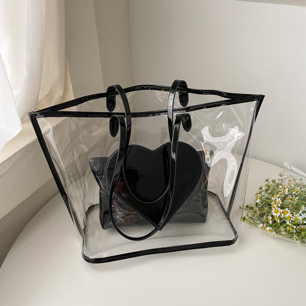 Bags with Pouch PU Open Daily All Match Soft Big 2023 New Class Bag for College Students Pellucid Summer Handbags High CapaCitys (Black)