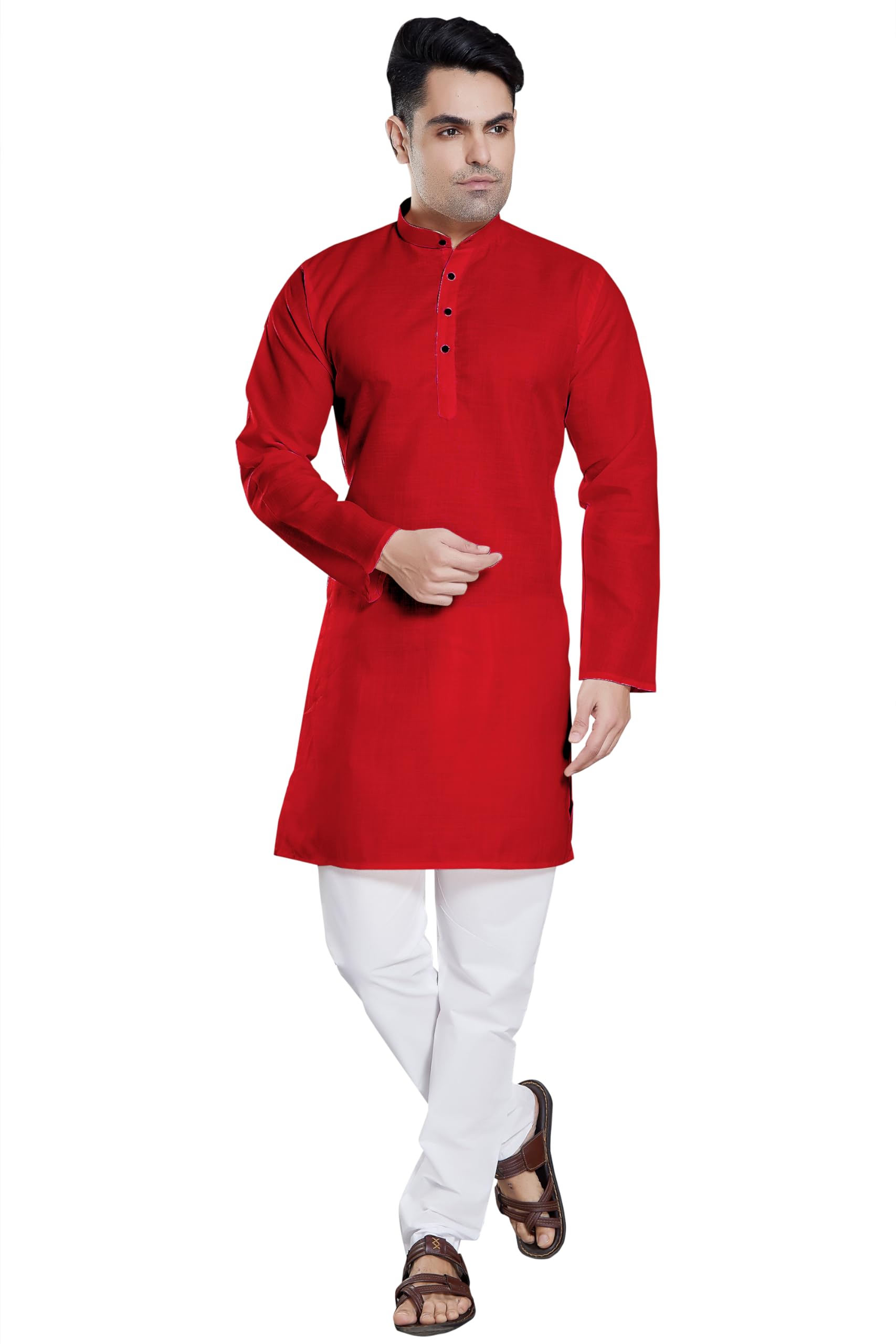 Divisive Men's Plain Cotton Blend Linen Slim Fit Kurta Pyjama Set (Dkrt56_Xl_Red)