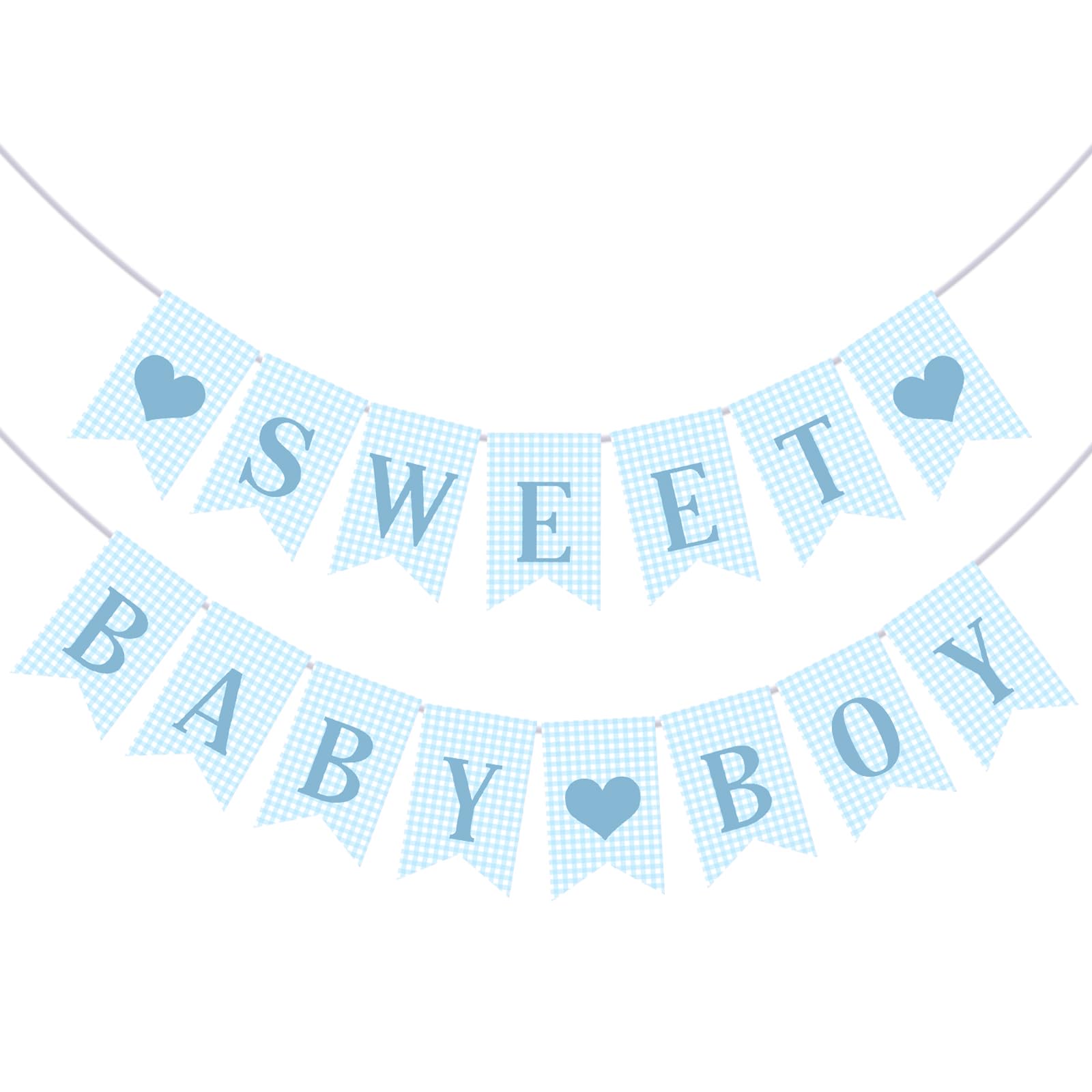 2 Pcs Pre Strung Blue Gingham Sweet Baby Boy Banner Blue Boy Baby Shower Banner Decorations for Gender Reveal Party Decor Supplies Table Wall Mantel Photo Props