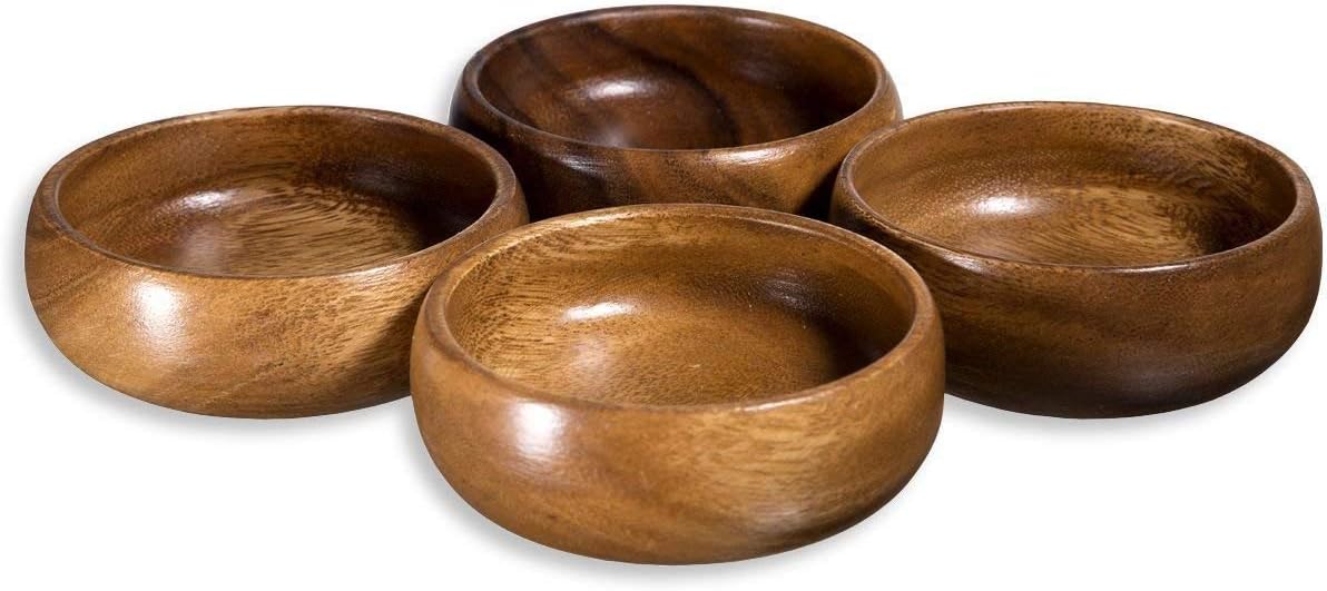 Saverite Acacia Wood Hand-Carved Set of 4 Calabash Bowls 4" and 4 Mini Wooden Small Spoons