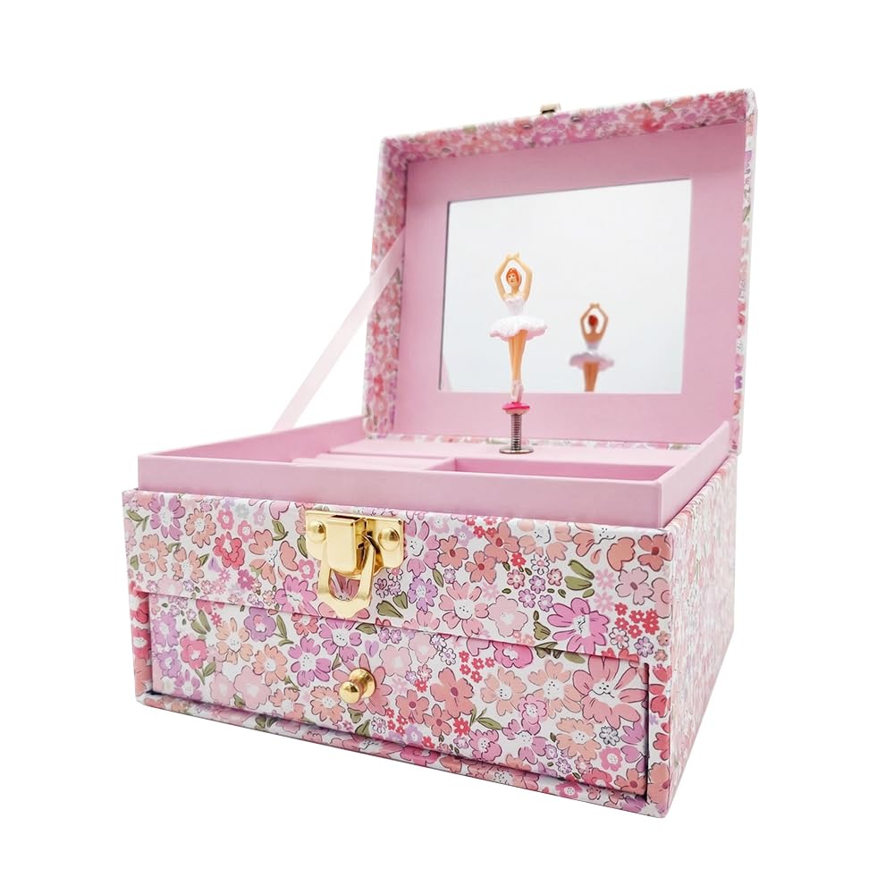 HUTRADE Girls Musical Ballerina & Drawer Jewellery Box - Jewellery Box with Mirror, Floral Pattern Gift for Kids