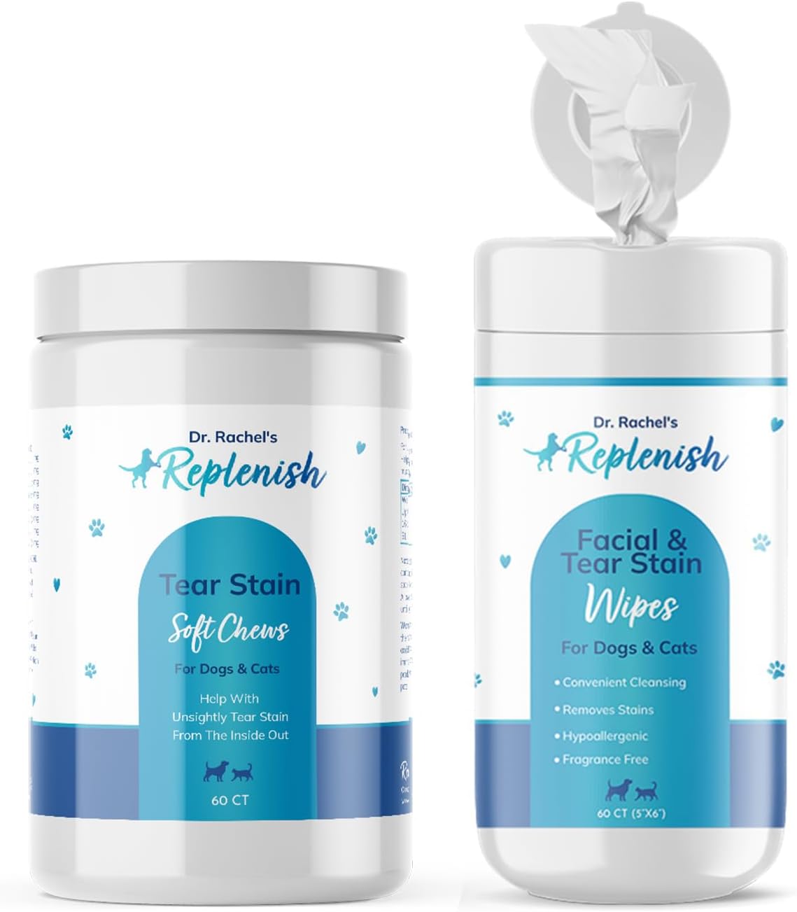 Replenish Tear Stain Remover Eye Care Bundle for Dogs & Cats – Dr. Rachel’s Tear Stain Chews & Facial Wipes – Tear Stain Supplement & Tear Stain Wipes for Eye Discharge & Crust