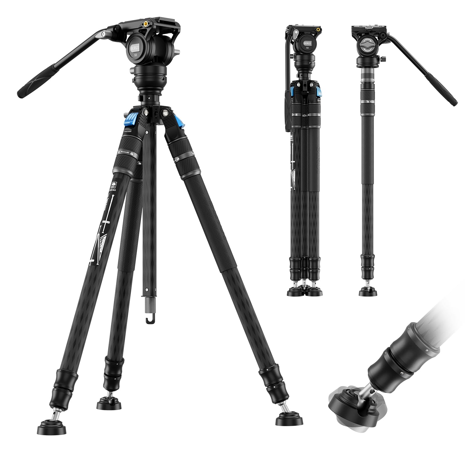 SIRUI SVS60 Carbon Fiber Tripod with S3 Fluid Video Head Kit, 68.5" One-Step Height Adjustment Travel Tripod & Monopods, Modular Compact with