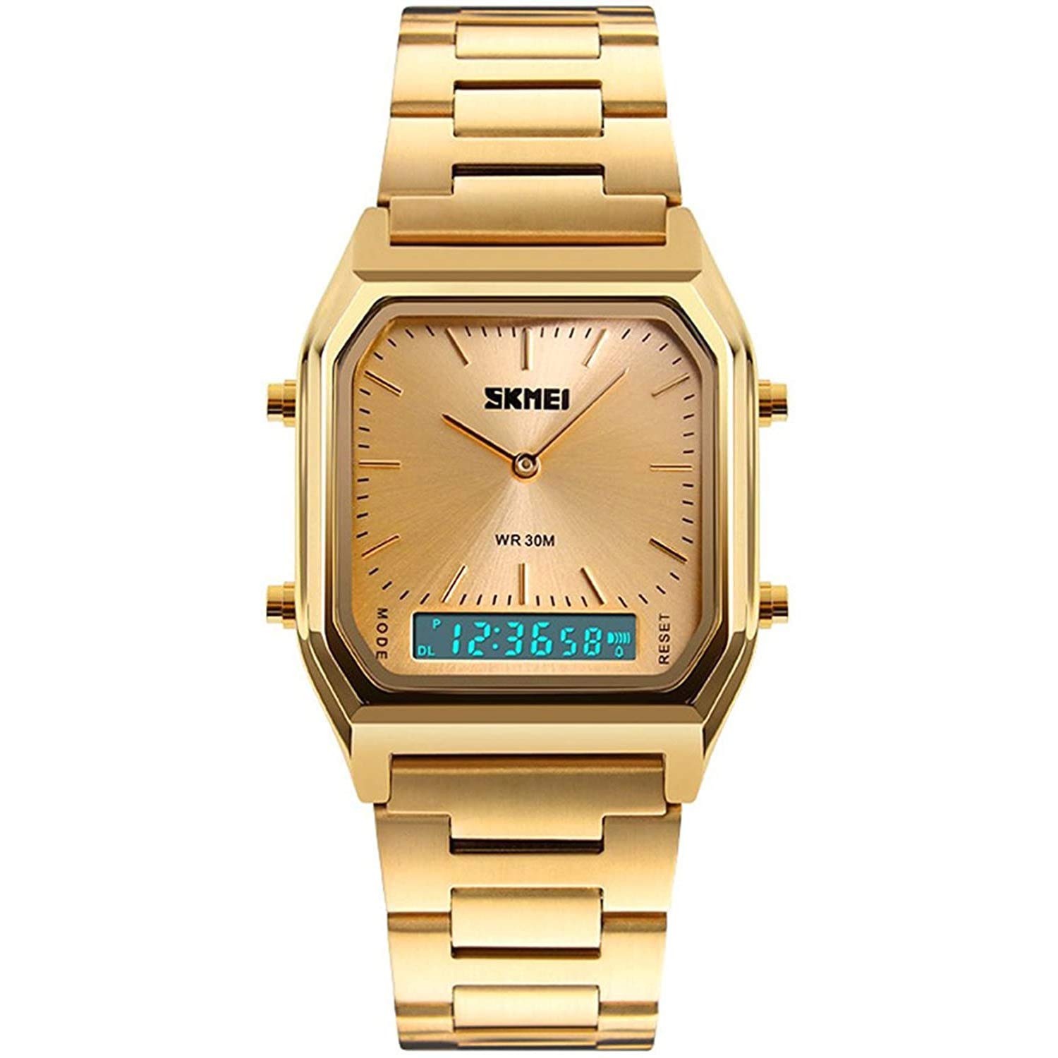 MASTOP Orologio sportivo digitale al quarzo da uomo, con doppio display quadrato, conto alla rovescia, sveglia, retroilluminazione, resistente all'acqua