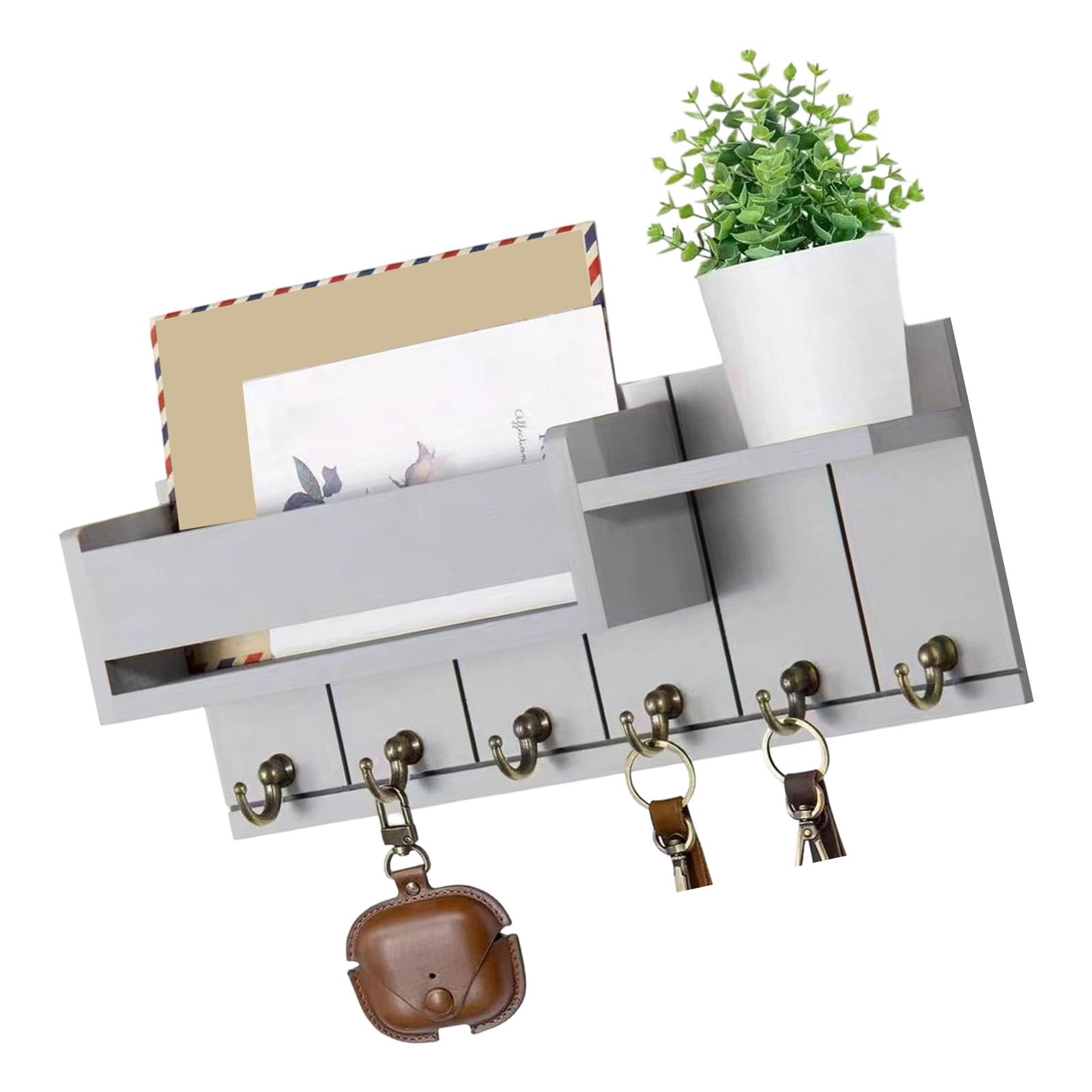 Estante de madera para salón ideal para organizar cartas y colgar llaves en la entrada