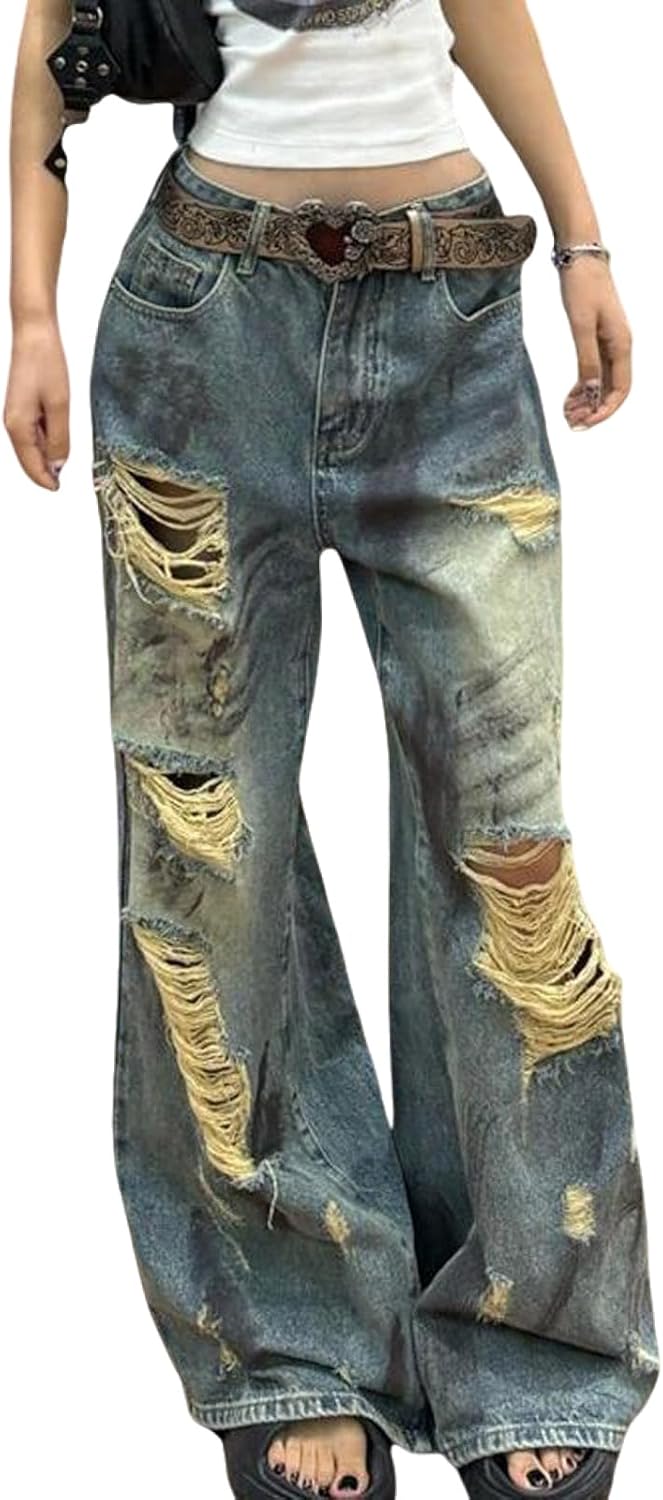 Y2K Jeans Women's Loose Ripped Straight Leg Pants, high Waisted Multi Pocket Jeans