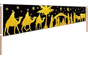 Religious Christmas Banner Manger Scene with Black Gold Nativity and Merry Christmas...