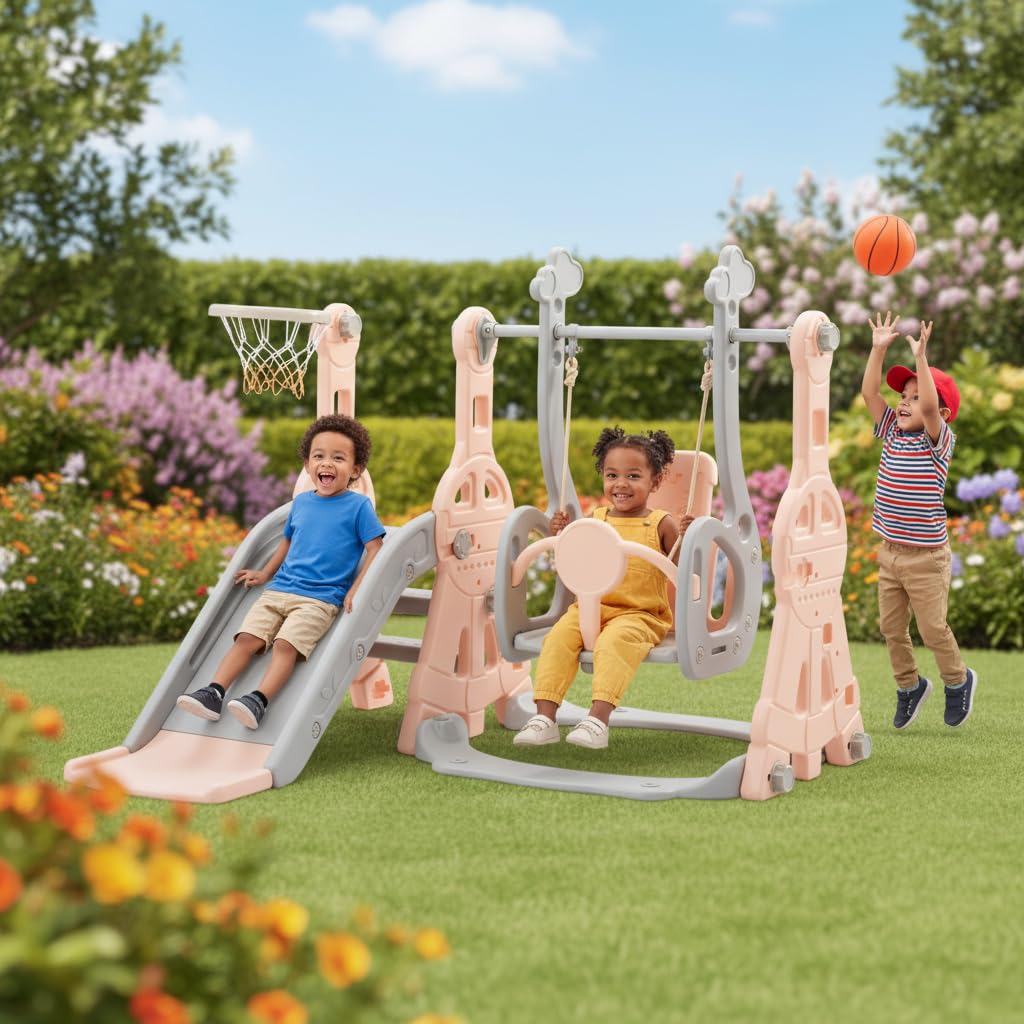 Scivolo per interni ed esterni per bambini, Scivolo 4 in 1 per bambini con altalena, scivolo, scala e cestino da basket, Altalena con scivolo autoportante, Giocattoli per area giochi Montessori (Rosa)