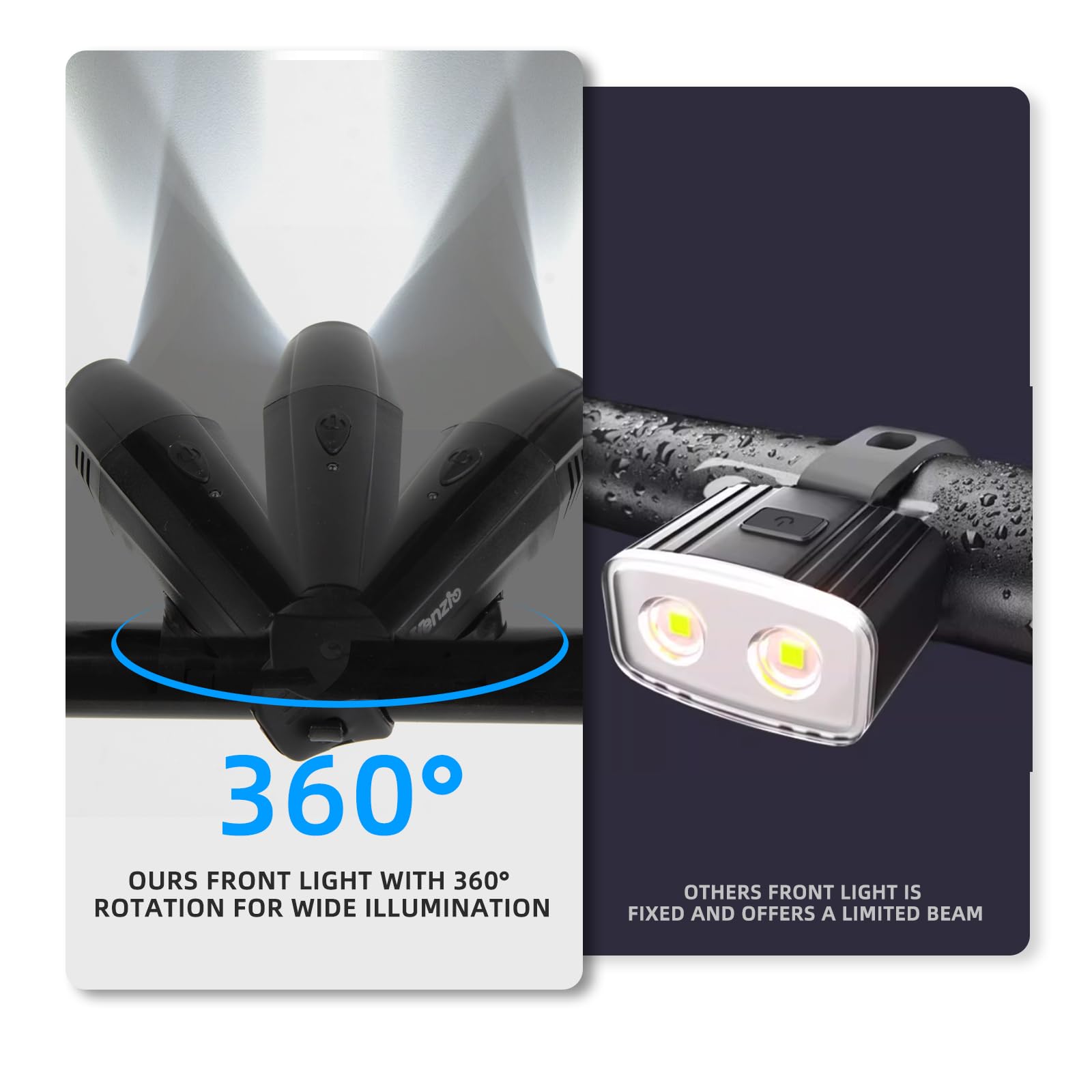 Venzio Luci per bici, faro e fanale posteriore per bici ricaricabili USB-C, 6+2 modalità luci anteriori e posteriori per guida notturna, set di luci per bicicletta impermeabili IPX4, accessori per