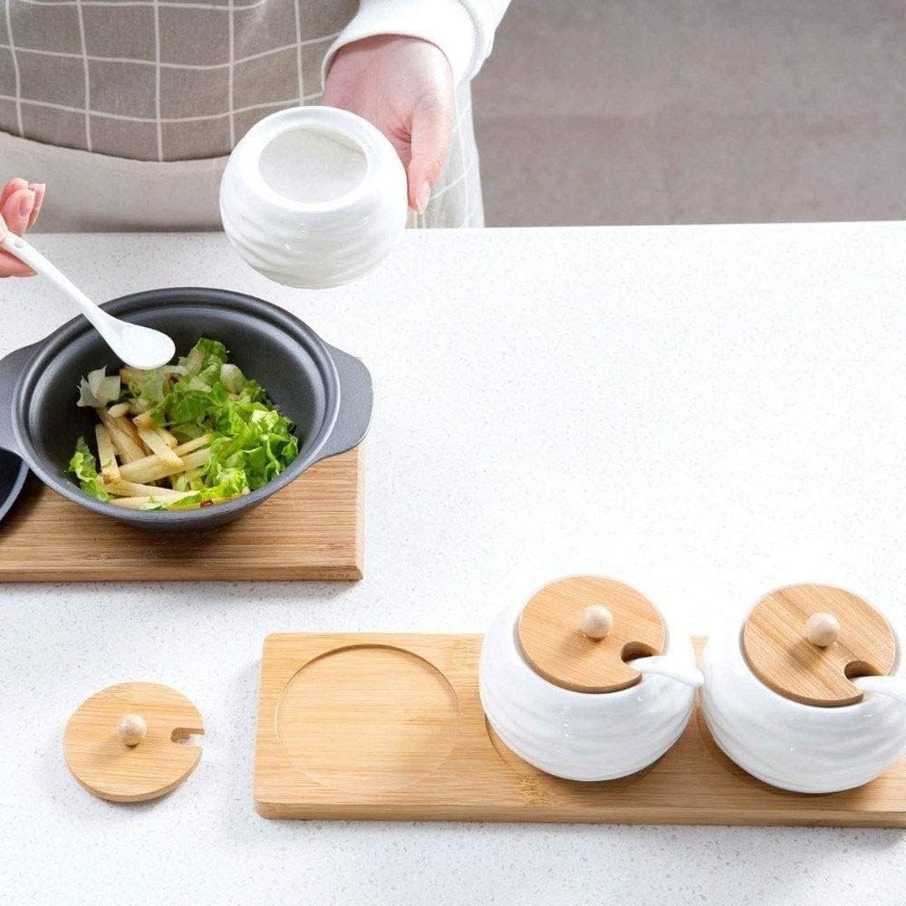 Keramik Gewürzglas Set mit Tablett, Gewürzdosen für Küche, Gewürzdosen mit Deckel & Löffel, Salz- & Pfefferbehälter, Gewürzbox für Kräuter & Gewürze