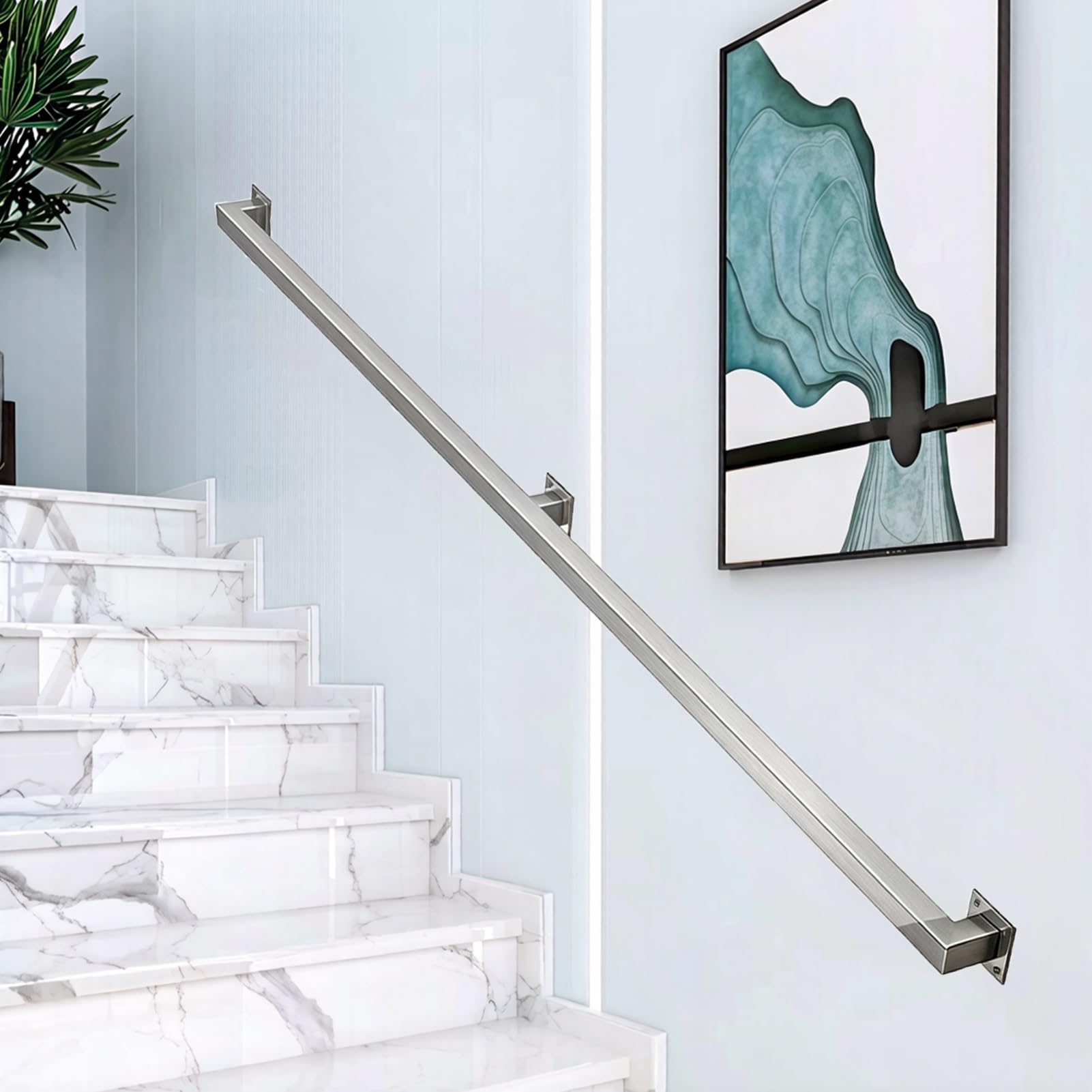 Rampe d'escalier en acier inoxydable argenté de 570cm avec kit de fixation complet