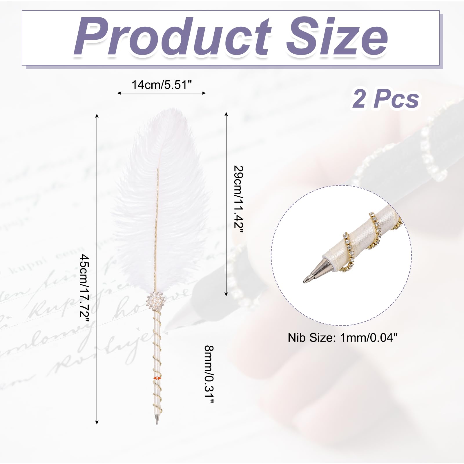 PATIKIL Feather Pen, 2Pcs Ostrich Vintage Feather Quill Pen 1mm Black Ink Signature Ballpoint Pens Fluffy Crystal Pearl Ribbon Design for Wedding Bridal Party Signing Writing, White - Image 2