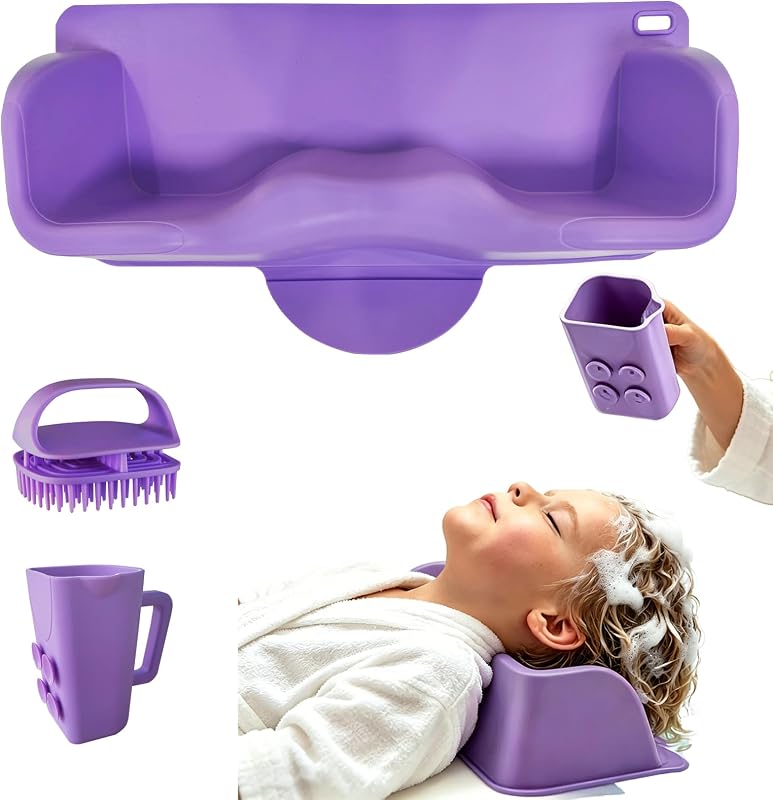 Estación de lavado de cabello portátil para niños, mujeres embarazadas, personas mayores. Cuenco de champú de silicona con soporte para el cuello para fregadero o bañera, cepillo de champú adjunto y vaso de enjuague para baño de bebé (púrpura)