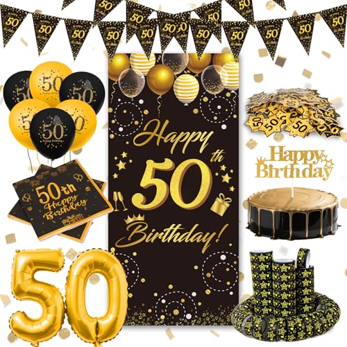 WenmthG 50 Geburtstag Deko Männer Frauen 50. Geburtstag Deko Set mit Banner Luftballons Servietten Luftschlangen Tortendeko Girlande Konfetti - Geburtstagsdeko 50 Jahre Mann Frau Schwarz Gold
