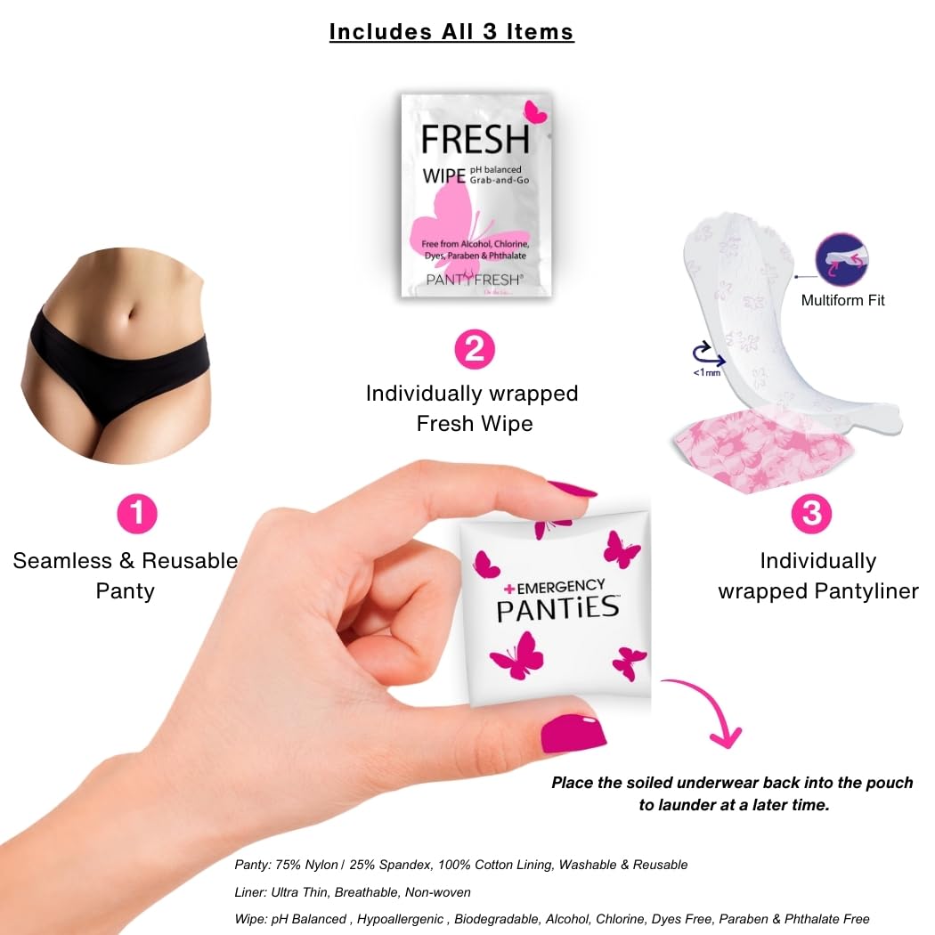 Bragas de emergencia 4 en 1 = ropa interior sin costuras, paño fresco y forro para accidentes de viaje, kit de aseo para viajes, talla grande, bikini negro 1X-3X