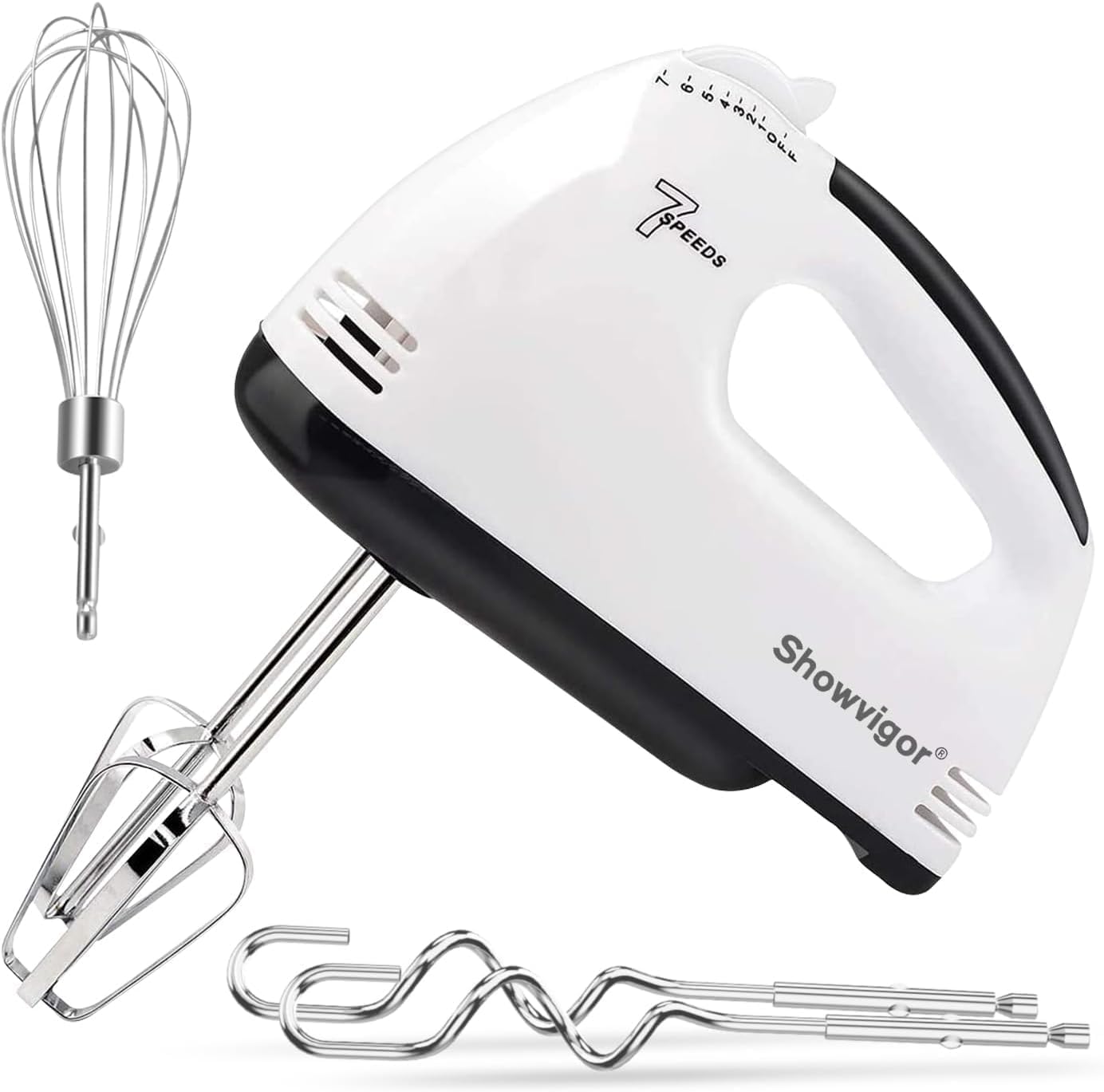 7-Speed Hand Electric Mixer, 300W Stainless Steel Hand Whisk with Turbo Boost, Compact Handheld Cake Mixer for Baking, Eggs, Cream & Dough (White)