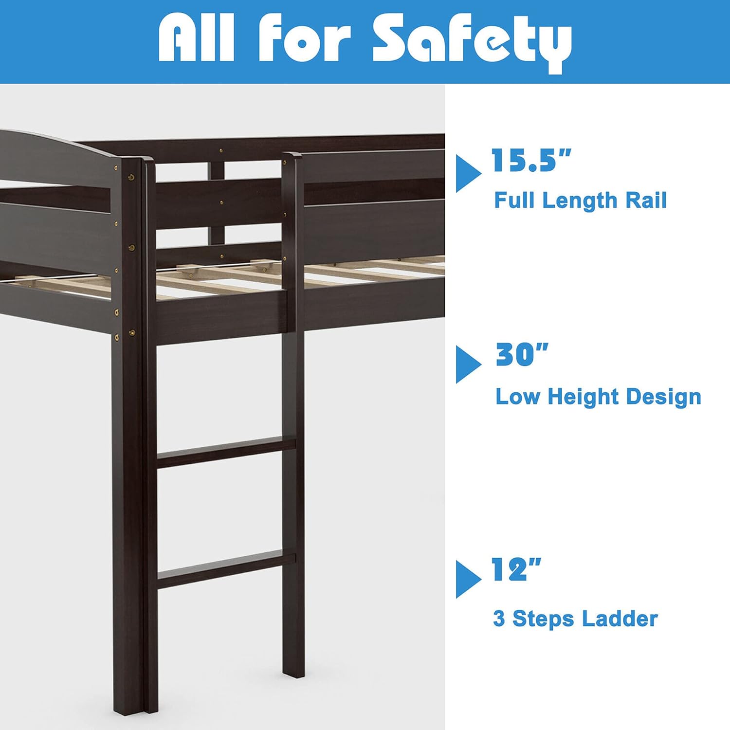 Graphic illustrating safety features of the loft bed, including 15.5 inch full length rail, 30 inch low height design, and 3 steps ladder.