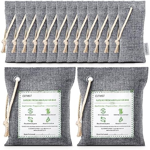 Clevast Bamboo Charcoal Air Purifying Bags(2x200g, 12x50g) Activated Natural Home Odor Absorber, Deodorizer and Moisture Eliminator. Purifier for Closet, Shoe, Large Room. Car Air freshener. Pet Safe.