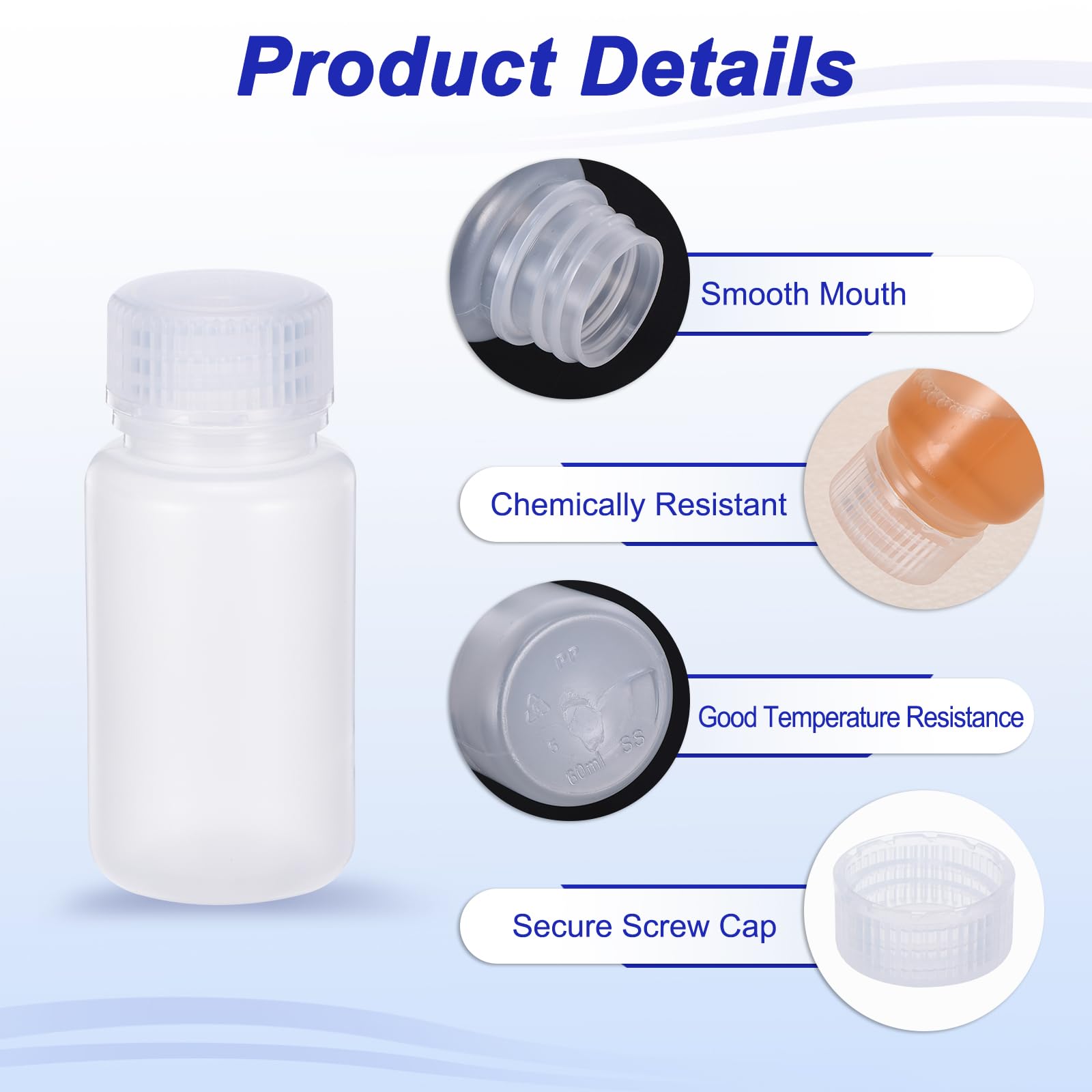 PATIKIL 48 Botellas de Reactivo de 60 ml, Boca Ancha de PP con Tapa de Rosca para Almacenamiento de Reactivos Líquidos y Muestras Sólidas en Laboratorio, Blanco Translúcido