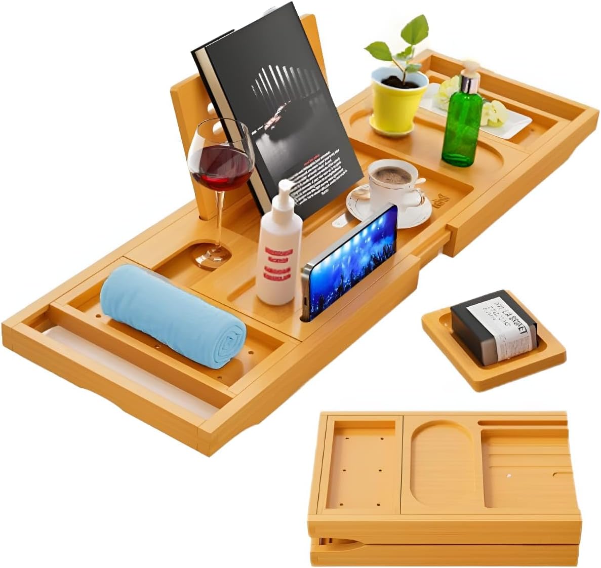 Bamboo Bathtub Caddy Tray Expandable & Foldable Bath Shelf with Book, Tablet & Wine Holder Adjustable Wooden Bath Tray for Relaxing Spa at Home – Fits Most Tub Sizes.