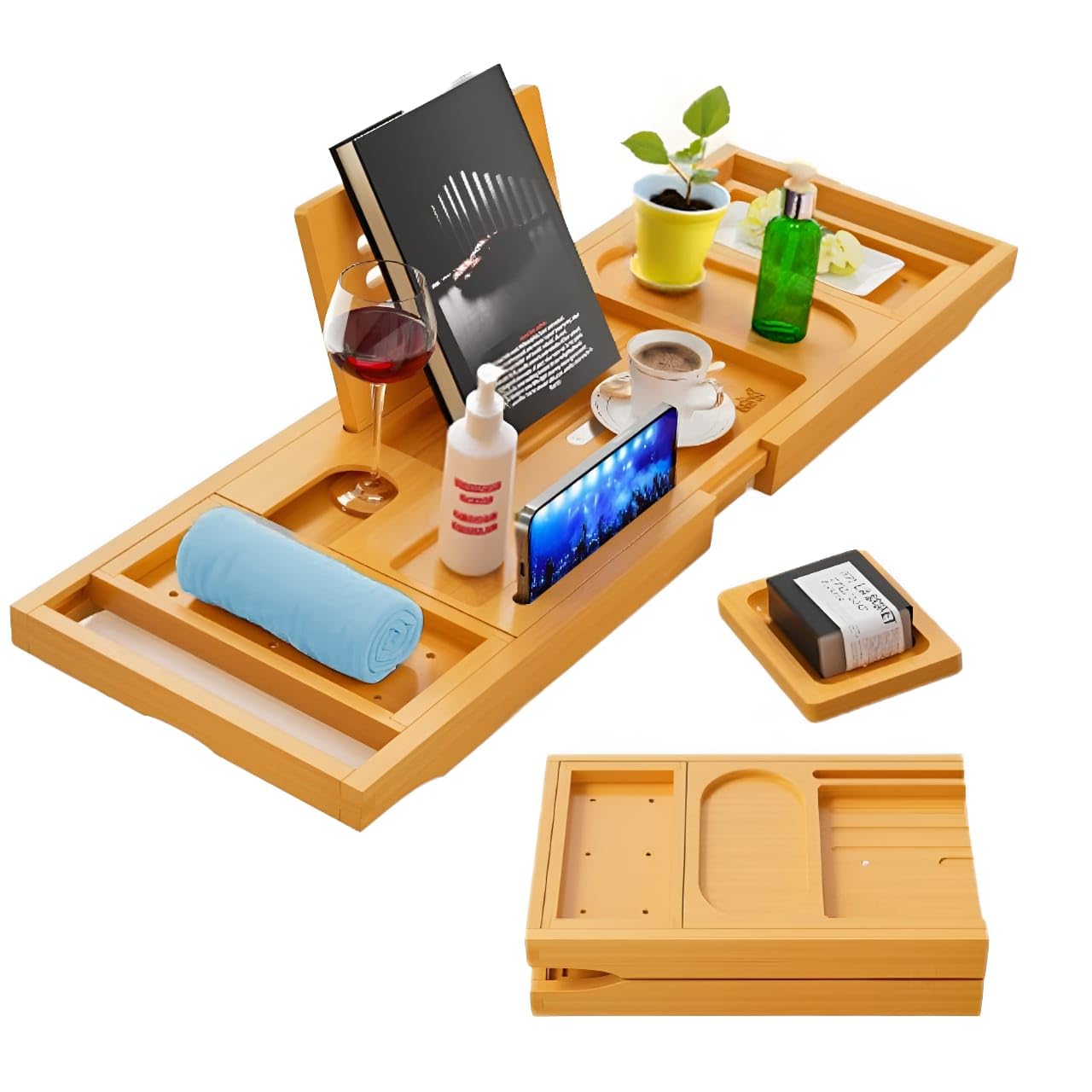 Havnor Bamboo Bathtub Caddy Tray Expandable & Foldable Bath Shelf With Book, Tablet & Wine Holder Adjustable Wooden Bath Tray For Relaxing Spa At Home – Fits Most Tub Sizes.
