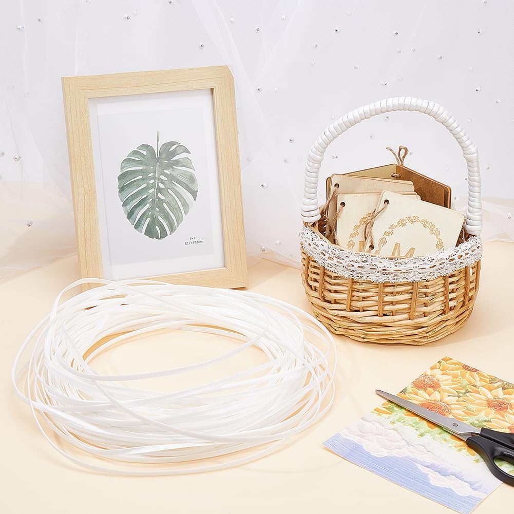 GORGECRAFT 5mm x 30m Rattan Weave Material Plastic Flat Basket Wicker Weaving Reed Supply Synthetic Rattan Woven Furniture Repair Kit Plastic Cane Wooden Fix for Garden Patio Chair Sofa Box White