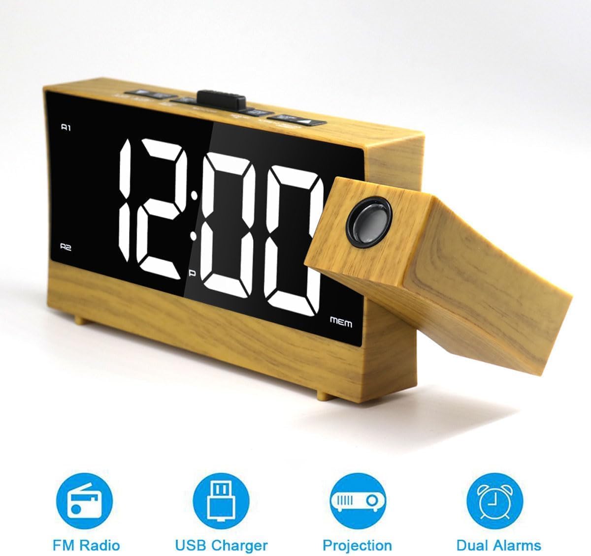 Budzik LED z projektorem obrotowym o 180°, wyświetlacz 1,8 cala, podwójny alarm, regulowana jasność, format 12/24 godzin, do domu i biura