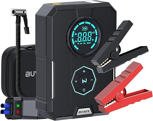 BUVAYE Paquete de batería de arranque de coche 2000A, arrancador de salto 6 en 1 con compresor de aire 150PSI para automóvil de hasta 8.5 gasolina,