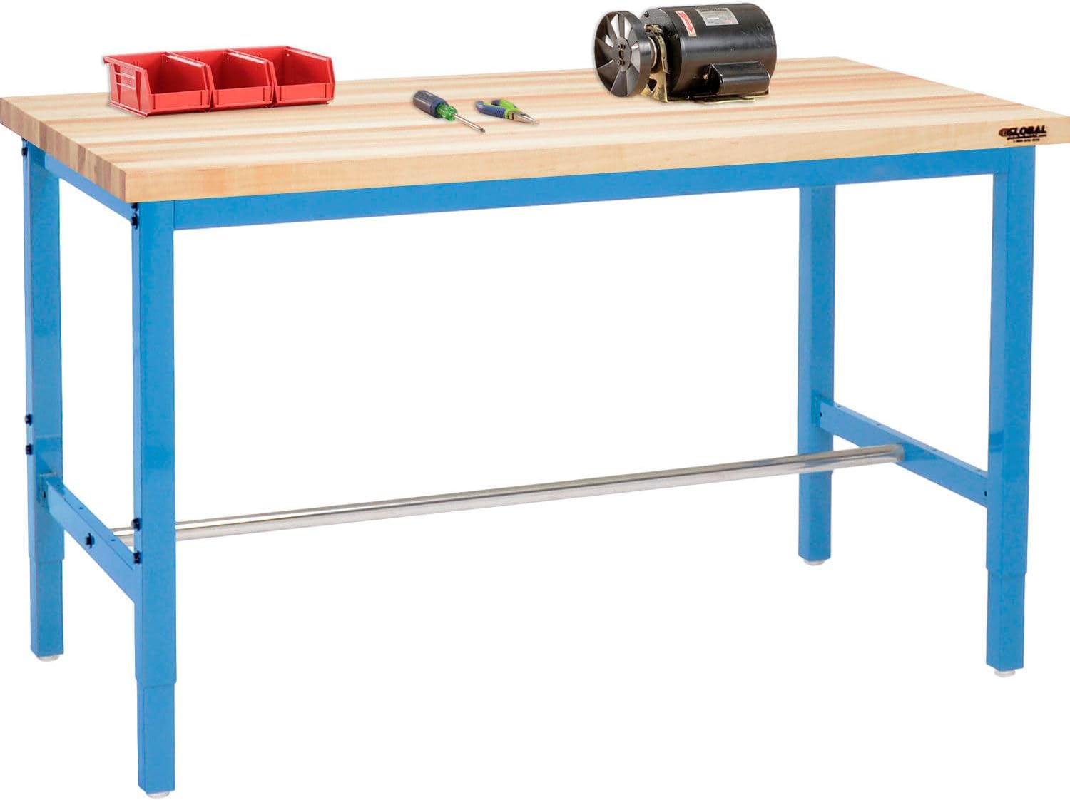 Global Industrial Adjustable Height Production Workbench, 60" W x 36" D, 1-3/4" Thick Maple Butcher Block Top with Square Edge, 5000 Lbs Capacity, Blue, Assembly Required