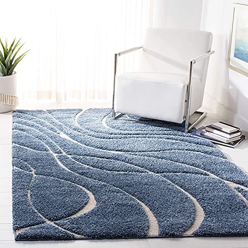 Image of Geometric Wave Shaggy Rectangular Carpet For Living Room,Bedroom,High Low Design Finish Microfiber 1.8 Inch Pile High,5X7 Feet Royal Blue|Ivory Color