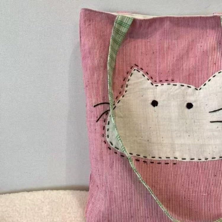 Cute Cartoon Cat Pink Canvas Shoulder Bag for Women - Versatile Single Shoulder Tote3
